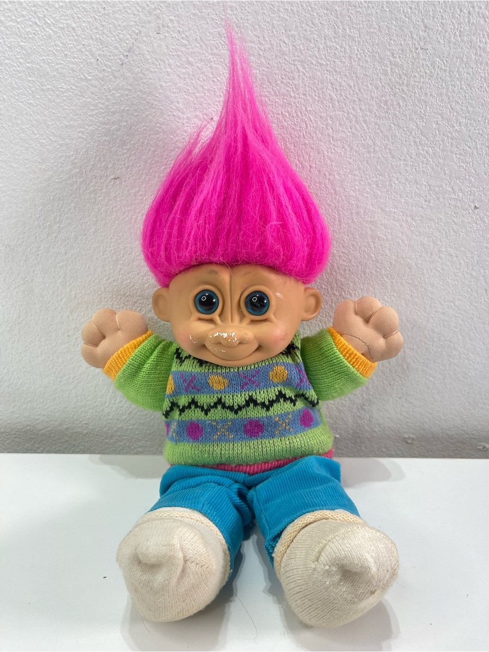 Vtg 90s Russ 14 Troll Doll Vinyl Pink Hair Original Knit Sweater Blue Pants Sock